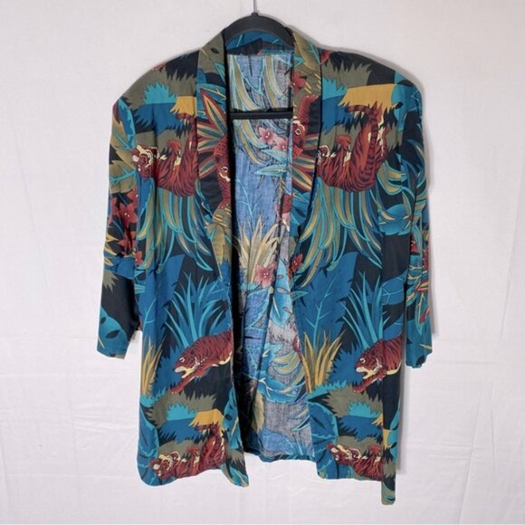Vintage Handmade Jungle Cat Print Open Front Light Jacket Blazer XL - Picture 1 of 15